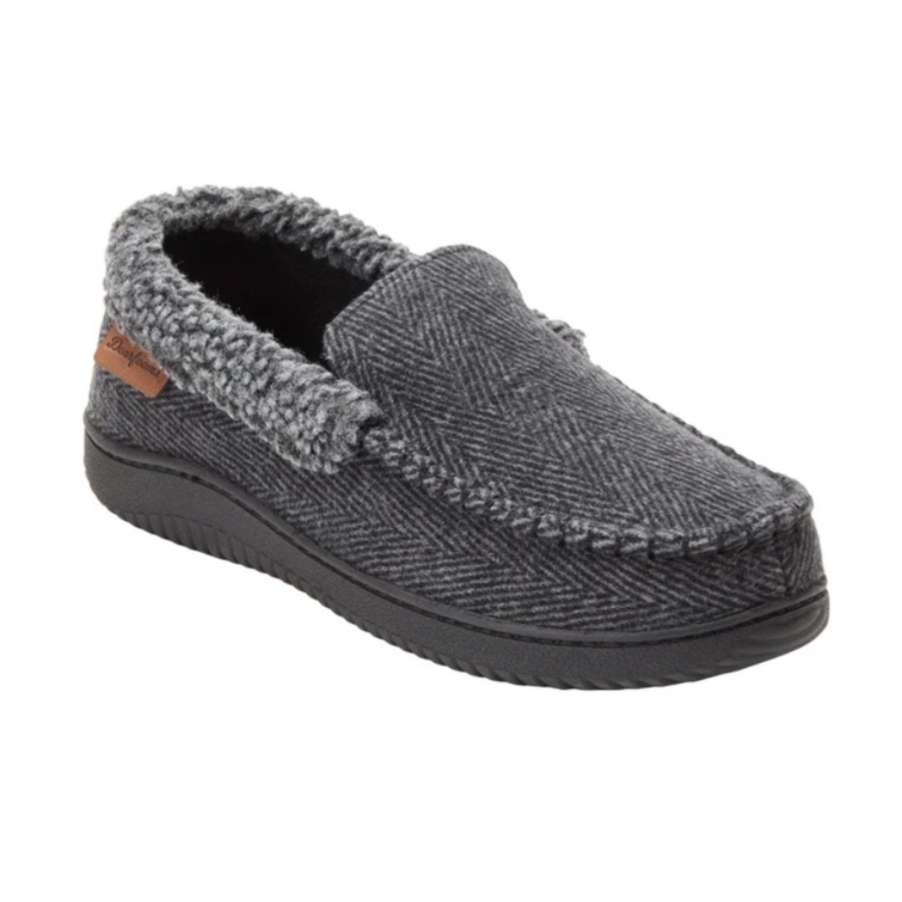 Dearfoams Mens Comfy Slippers Black Gray Herringbone S:XL 13-14 NIB
